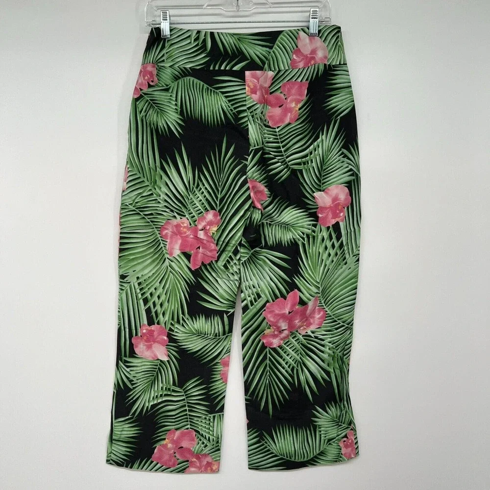 NWOT ICE Silk Pants Women's 8 Pink Green Tropical Wide Leg Cropped Hi-Rise